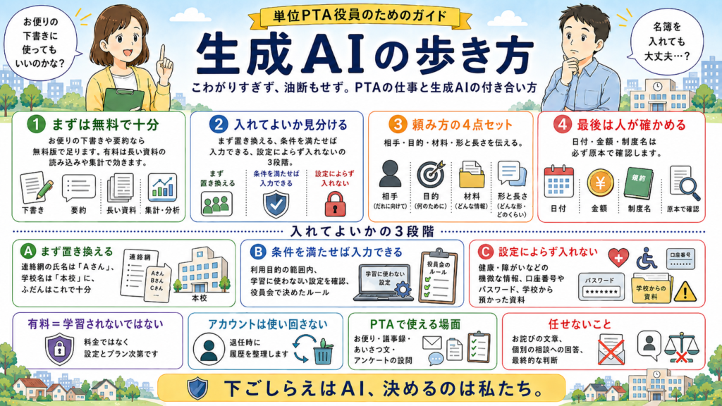 単位PTA役員のためのガイド「生成AIの歩き方」の図解。こわがりすぎず、油断もせず。PTAの仕事と生成AIの付き合い方。1 まずは無料で十分：お便りの下書きや要約なら無料版で足ります。有料は長い資料の読み込みや集計で効きます（下書き、要約、長い資料、集計・分析）。2 入れてよいか見分ける：まず置き換える、条件を満たせば入力できる、設定によらず入れないの3段階。3 頼み方の4点セット：相手（だれに向けて）・目的（何のために）・材料（どんな情報）・形と長さ（どんな形、どのくらい）を伝える。4 最後は人が確かめる：日付・金額・制度名は必ず原本で確認します。入れてよいかの3段階。A まず置き換える：連絡網の氏名は「Aさん」、学校名は「本校」に。ふだんはこれで十分。B 条件を満たせば入力できる：利用目的の範囲内、学習に使わない設定を確認、役員会で決めたルール。C 設定によらず入れない：健康・障がいなどの機微な情報、口座番号やパスワード、学校から預かった資料。有料＝学習されないではない：料金ではなく設定とプラン次第です。アカウントは使い回さない：退任時に履歴を整理します。PTAで使える場面：お便り・議事録・あいさつ文・アンケートの設問。任せないこと：お詫びの文章、個別の相談への回答、最終的な判断。下ごしらえはAI、決めるのは私たち。