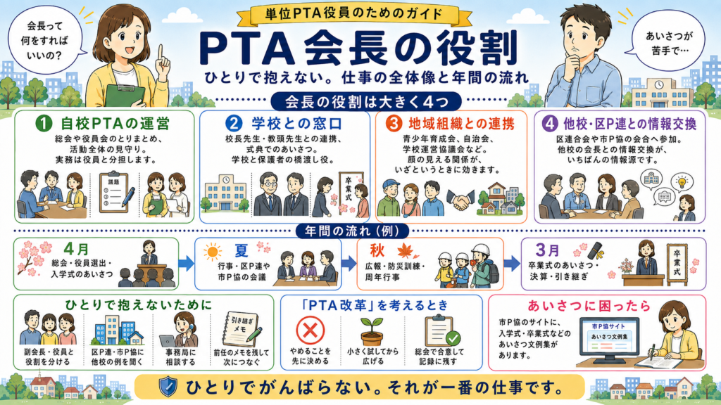 単位PTA役員のためのガイド「PTA会長の役割」の図解。ひとりで抱えない。仕事の全体像と年間の流れ。会長の役割は大きく4つ。1 自校PTAの運営：総会や役員会のとりまとめ、活動全体の見守り。実務は役員と分担します。2 学校との窓口：校長先生・教頭先生との連携、式典でのあいさつ。学校と保護者の橋渡し役。3 地域組織との連携：青少年育成会、自治会、学校運営協議会など。顔の見える関係が、いざというときに効きます。4 他校・区P連との情報交換：区連合会や市P協の会合へ参加。他校の会長との情報交換が、いちばんの情報源です。年間の流れ（例）：4月 総会・役員選出・入学式のあいさつ／夏 行事・区P連や市P協の会議／秋 広報・防災訓練・周年行事／3月 卒業式のあいさつ・決算・引き継ぎ。ひとりで抱えないために：副会長・役員と役割を分ける、区P連・市P協に他校の例を聞く、事務局に相談する、前任のメモを残して次につなぐ。「PTA改革」を考えるとき：やめることを先に決める、小さく試してから広げる、総会で合意して記録に残す。あいさつに困ったら：市P協のサイトに、入学式・卒業式などのあいさつ文例集があります。ひとりでがんばらない。それが一番の仕事です。