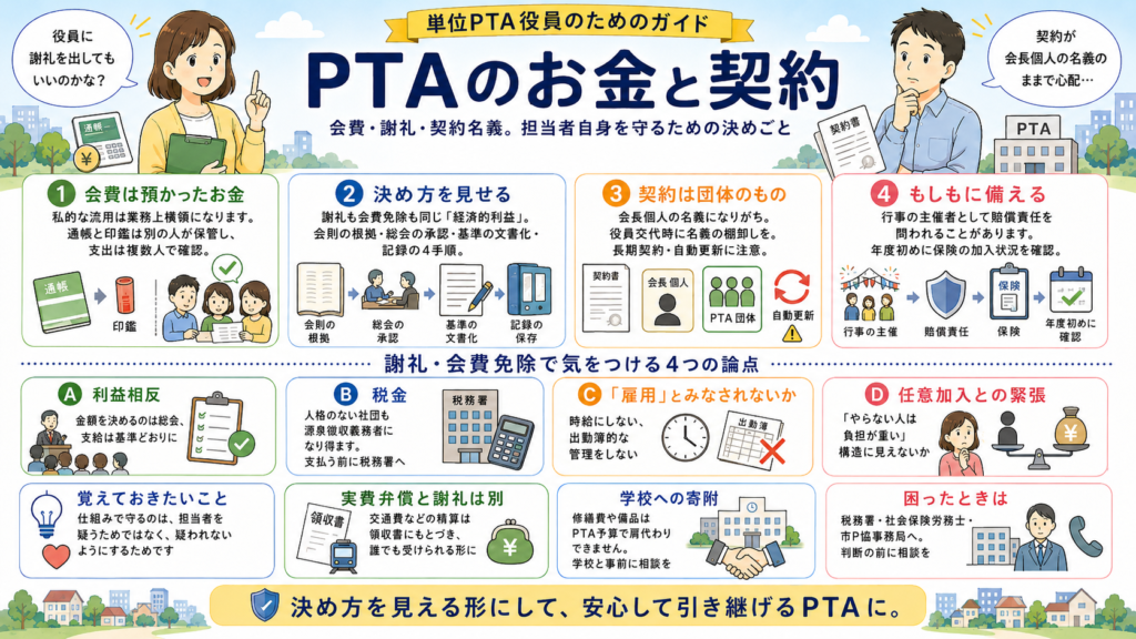単位PTA役員のためのガイド「PTAのお金と契約」の図解。会費・謝礼・契約名義。担当者自身を守るための決めごと。1 会費は預かったお金：私的な流用は業務上横領になります。通帳と印鑑は別の人が保管し、支出は複数人で確認。2 決め方を見せる：謝礼も会費免除も同じ「経済的利益」。会則の根拠・総会の承認・基準の文書化・記録の4手順。3 契約は団体のもの：会長個人の名義になりがち。役員交代時に名義の棚卸しを。長期契約・自動更新に注意。4 もしもに備える：行事の主催者として賠償責任を問われることがあります。年度初めに保険の加入状況を確認。謝礼・会費免除で気をつける4つの論点。A 利益相反：金額を決めるのは総会、支給は基準どおりに。B 税金：人格のない社団も源泉徴収義務者になり得ます。支払う前に税務署へ。C 「雇用」とみなされないか：時給にしない、出勤簿的な管理をしない。D 任意加入との緊張：「やらない人は負担が重い」構造に見えないか。覚えておきたいこと：仕組みで守るのは、担当者を疑うためではなく、疑われないようにするためです。実費弁償と謝礼は別：交通費などの精算は領収書にもとづき、誰でも受けられる形に。学校への寄附：修繕費や備品はPTA予算で肩代わりできません。学校と事前に相談を。困ったときは：税務署・社会保険労務士・市P協事務局へ。判断の前に相談を。決め方を見える形にして、安心して引き継げるPTAに。