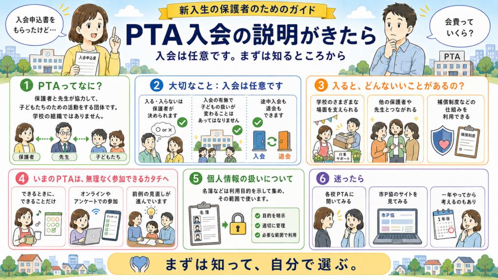 新入生の保護者のためのガイド「PTA入会の説明がきたら」の図解。入会は任意です。まずは知るところから。1 PTAってなに？：保護者と先生が協力して、子どもたちのための活動をする団体です。学校の組織ではありません。2 大切なこと：入会は任意です。入る・入らないは保護者が決められます。入会の有無で子どもの扱いが変わることはあってはなりません。途中入会も退会もできます。3 入ると、どんないいことがあるの？：学校のさまざまな場面を支えられる、他の保護者や先生とつながれる、補償制度などの仕組みを利用できる。4 いまのPTAは、無理なく参加できるカタチへ：できるときに、できることだけ／オンラインやアンケートでの参加／前例の見直しが進んでいます。5 個人情報の扱いについて：名簿などは利用目的を示して集め、その範囲で使います（目的を明示、適切に管理、必要な範囲で利用）。6 迷ったら：各校PTAに聞いてみる、市P協のサイトを見てみる、一年やってから考えるのもあり。まずは知って、自分で選ぶ。