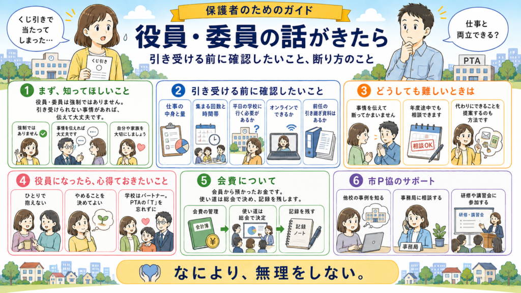 保護者のためのガイド「役員・委員の話がきたら」の図解。引き受ける前に確認したいこと、断り方のこと。1 まず、知ってほしいこと：役員・委員は強制ではありません。引き受けられない事情があれば、伝えて大丈夫です（強制ではありません、事情を伝えれば大丈夫です、自分や家族を大切にしましょう）。2 引き受ける前に確認したいこと：仕事の中身と量、集まる回数と時間帯、平日の学校に行く必要があるか、オンラインでできるか、前任の引き継ぎ資料はあるか。3 どうしても難しいときは：事情を伝えて断ってかまいません、年度途中でも相談できます、代わりにできることを提案するのも方法です。4 役員になったら、心得ておきたいこと：ひとりで抱えない、やめることを決めてよい、学校はパートナー。PTAの「T」を忘れずに。5 会費について：会員から預かったお金です。使い道は総会で決め、記録を残します（会費の管理、使い道は総会で決定、記録を残す）。6 市P協のサポート：他校の事例を知る、事務局に相談する、研修や講習会に参加する。なにより、無理をしない。